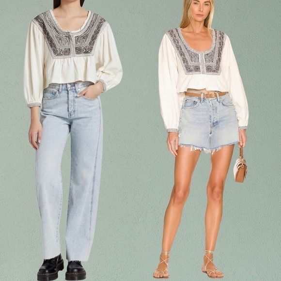 NWT FREE PEOPLE Iggie Embroidered Scoop Neck Long Sleeve Cotton Crop Top/Md - Picture 9 of 16